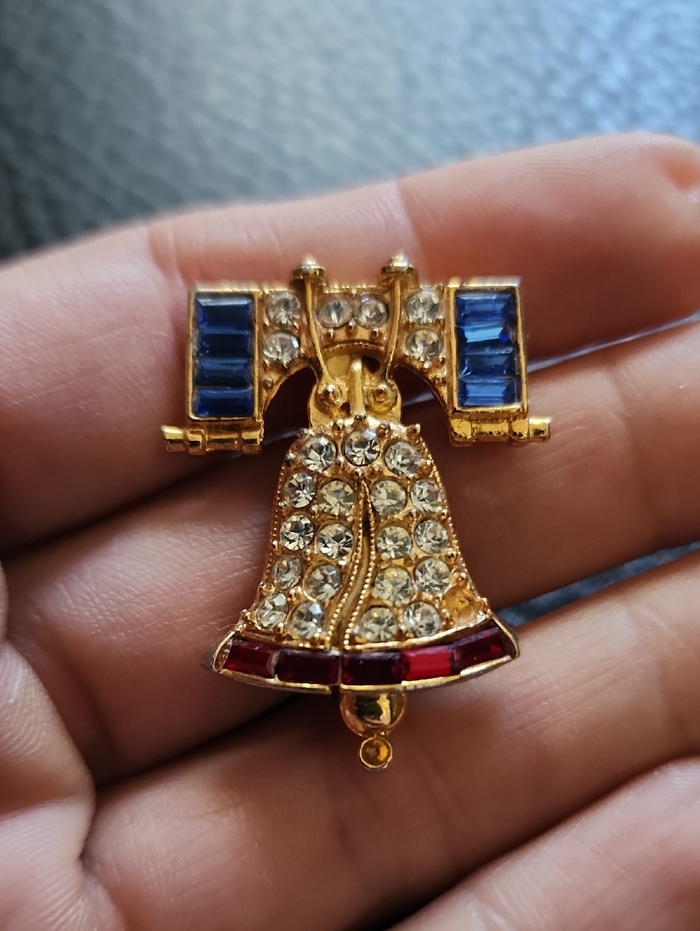 VTG Rafaelian Gold-Tone Bell Brooch with Blue and Red Stones